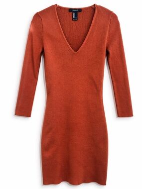Forever 21 Bodycon Mini Dress S Ribbed V Neck Long Sleeve Rust